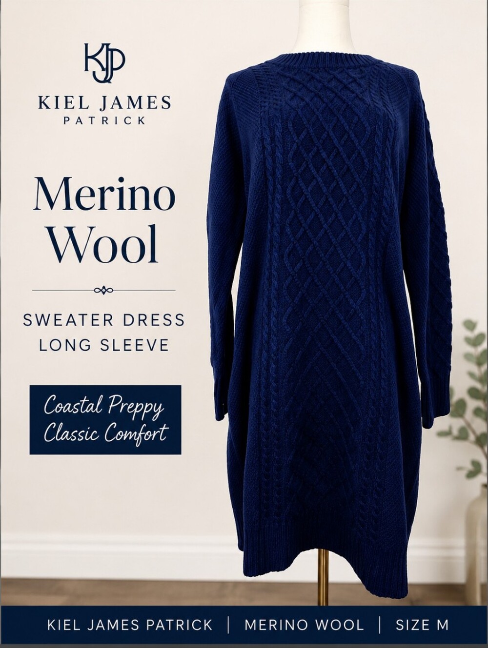 Kiel James Patrick Blue Merino Wool Sweater Dress M Long Sleeve Coastal Preppy